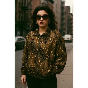 Vtg 80s‎ coAco Womens Silk Bomber Jacket L Brown Animal Print Oversized Mobwife